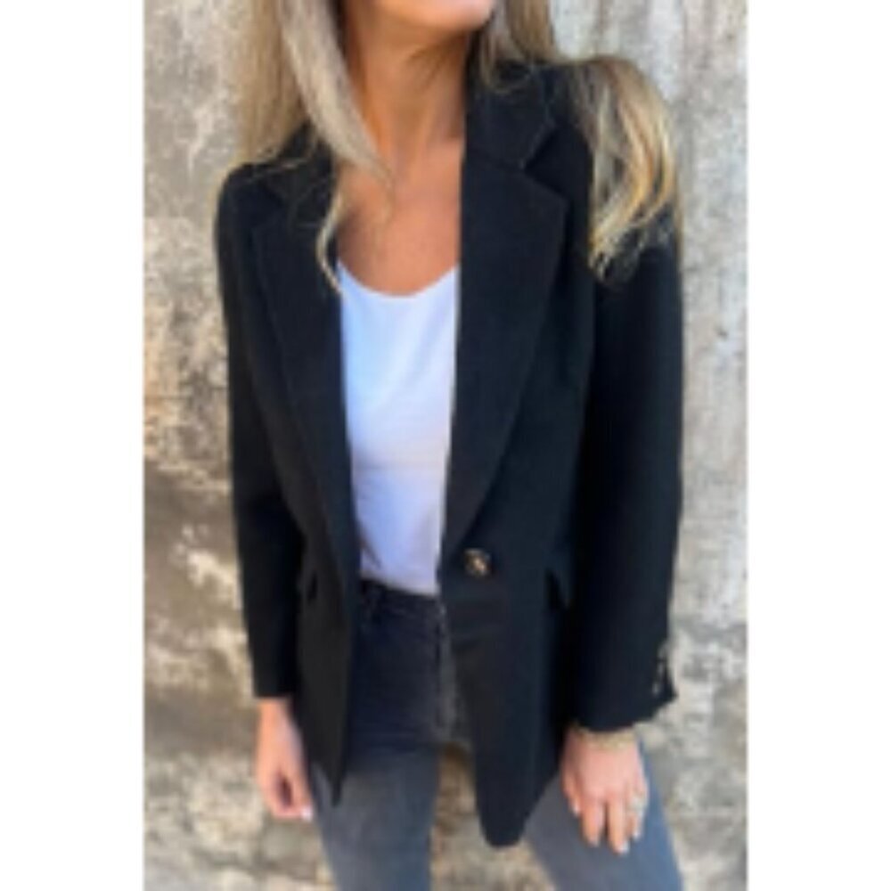 Wool Blend Blazer Jacket Open Front Short Pea Coat Business Office - Picture 2 of 7